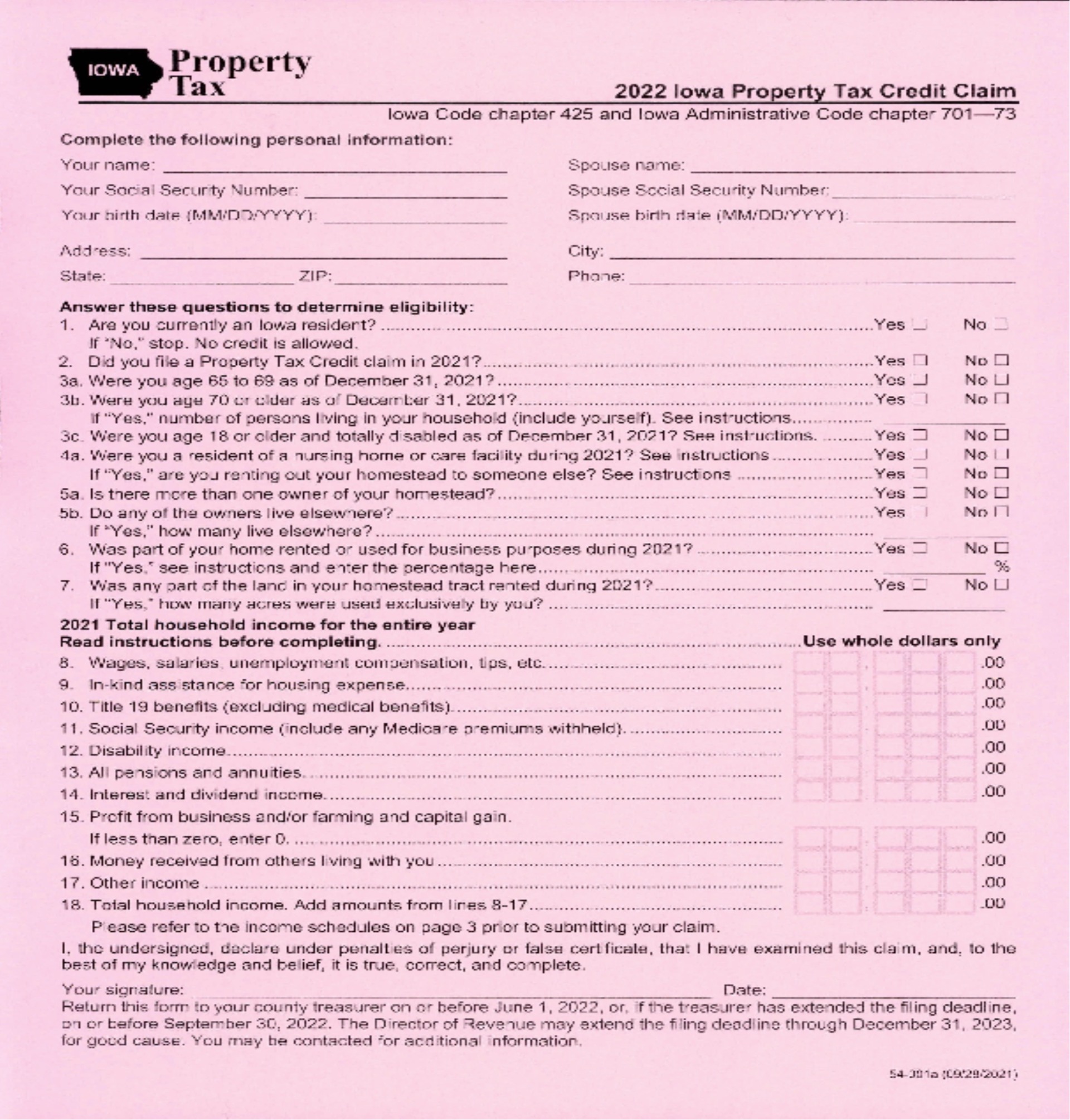 Example of the elderly and disabled tax credit form.