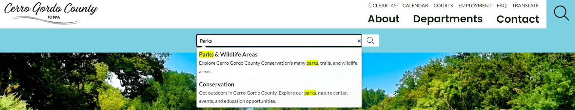 A search for parks on the new Cerro Gordo County website.