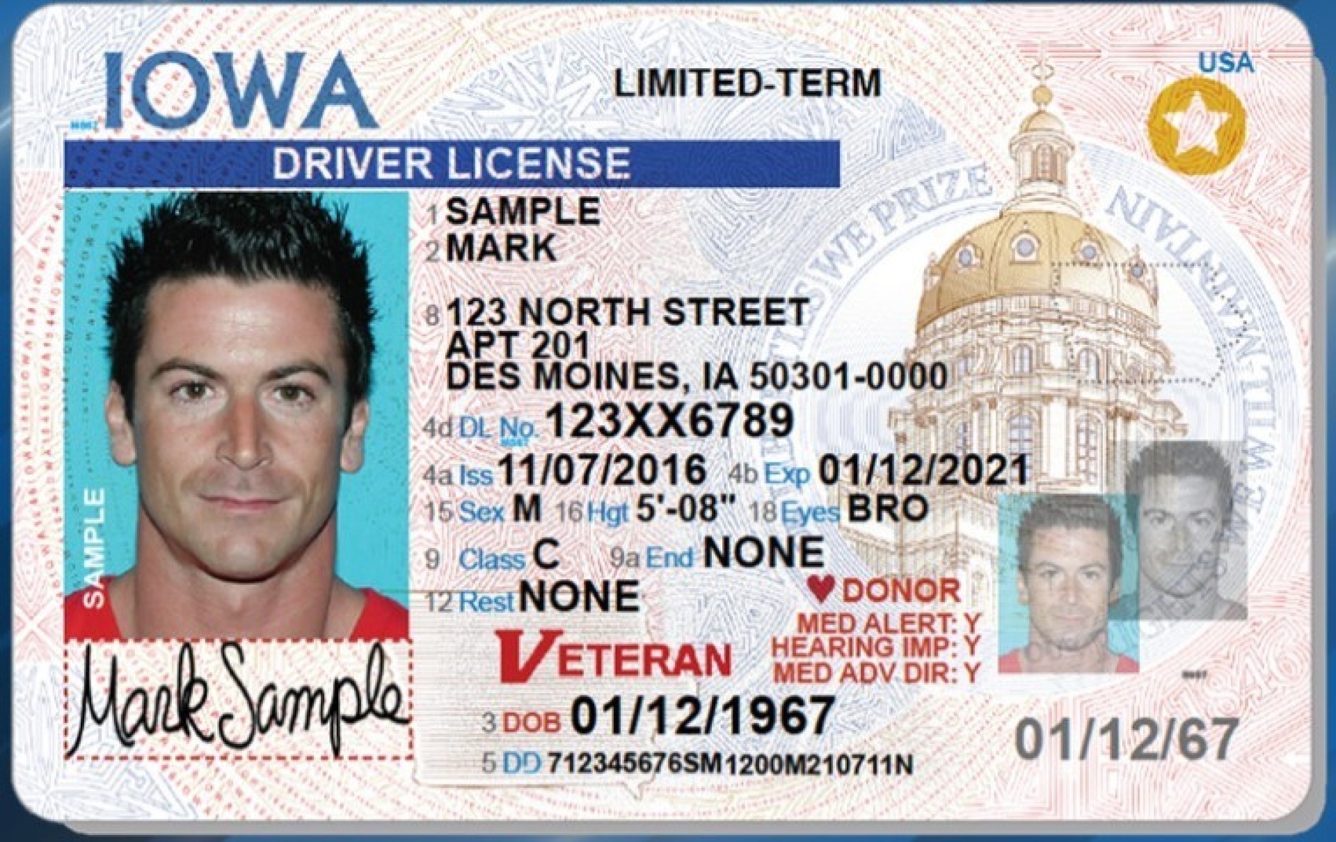 Example of an Iowa drivers license with Veteran designation.